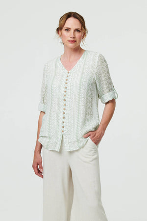 Sage | Printed Button Front Curve Hem Blouse
