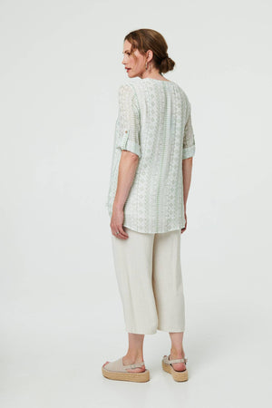 Sage | Printed Button Front Curve Hem Blouse
