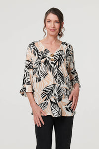 Beige | Leaf Print 3/4 Sleeve Button Trim Blouse
