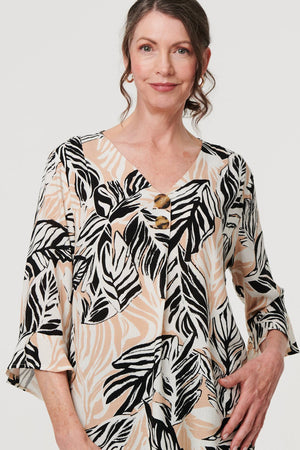 Beige | Leaf Print 3/4 Sleeve Button Trim Blouse

