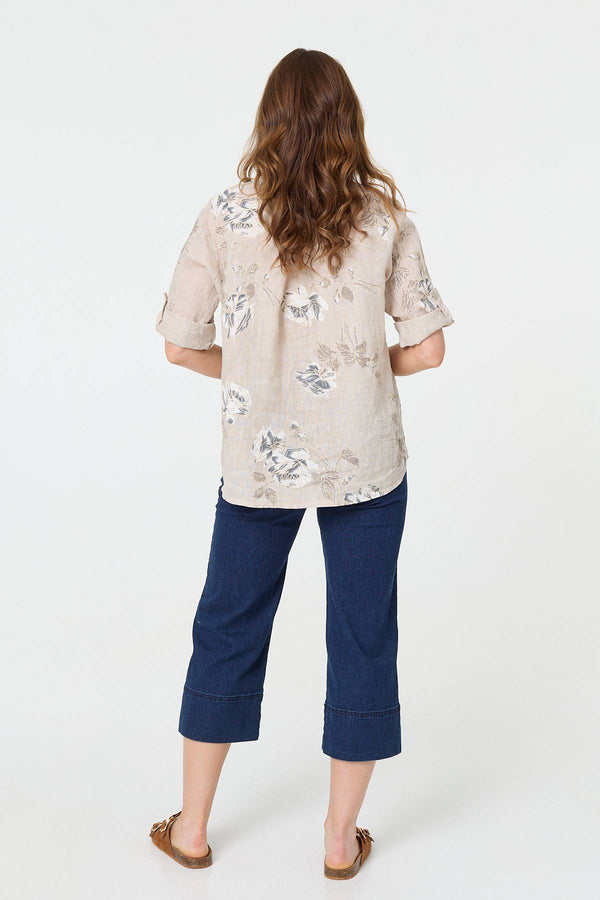 Beige | Floral 3/4 Turn-Up Sleeve Blouse