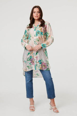 Green | Floral Long Sleeve Longline Floaty Shirt