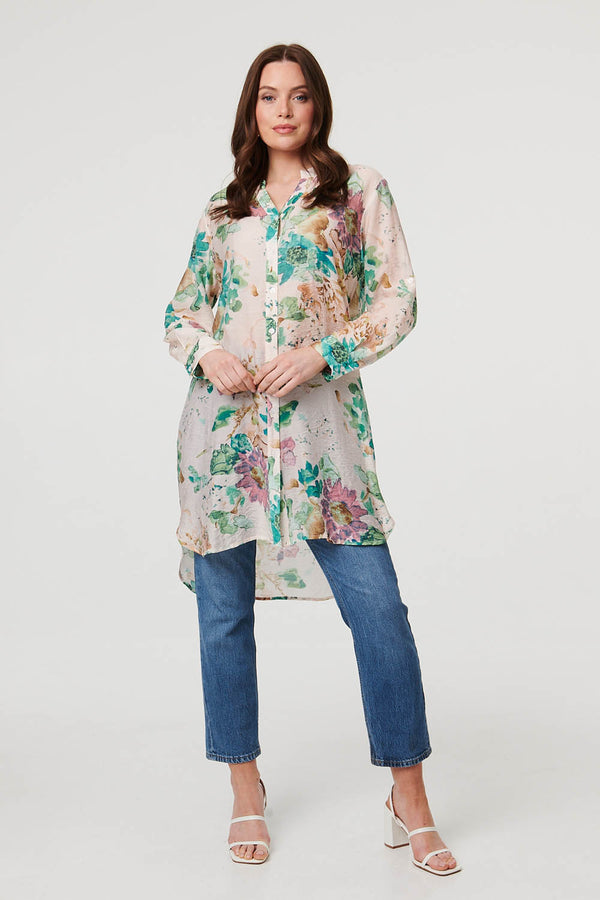 Green | Floral Long Sleeve Longline Floaty Shirt