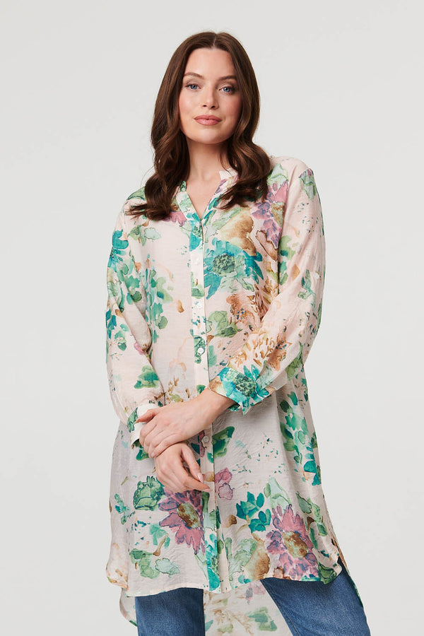 Green | Floral Long Sleeve Longline Floaty Shirt