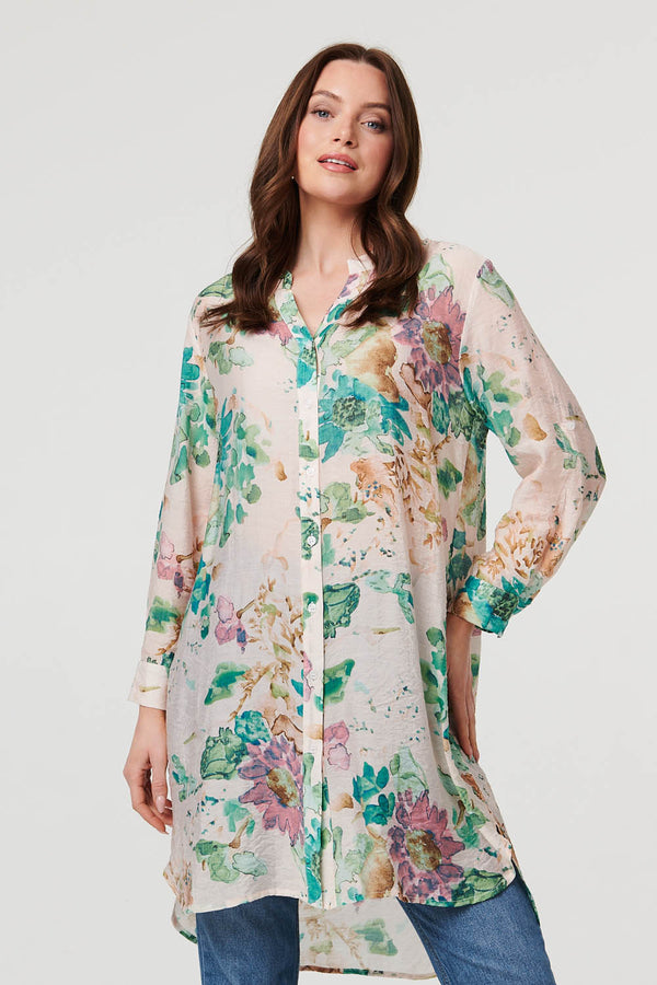 Green | Floral Long Sleeve Longline Floaty Shirt