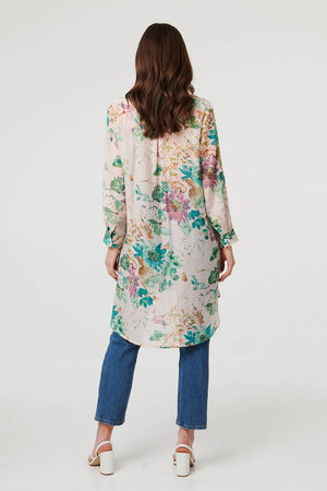 Green | Floral Long Sleeve Longline Floaty Shirt