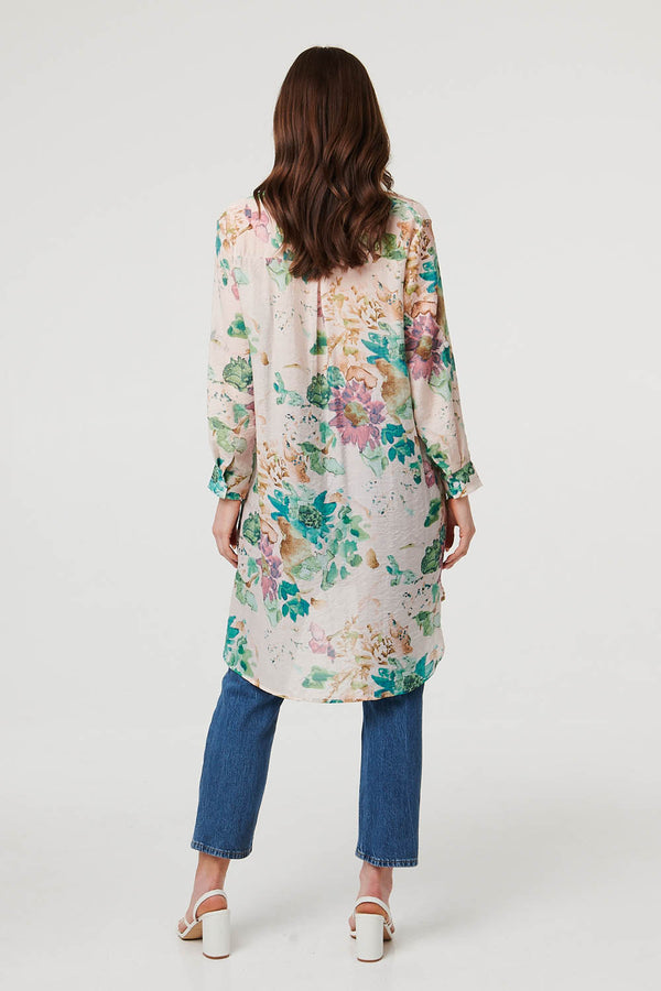 Green | Floral Long Sleeve Longline Floaty Shirt