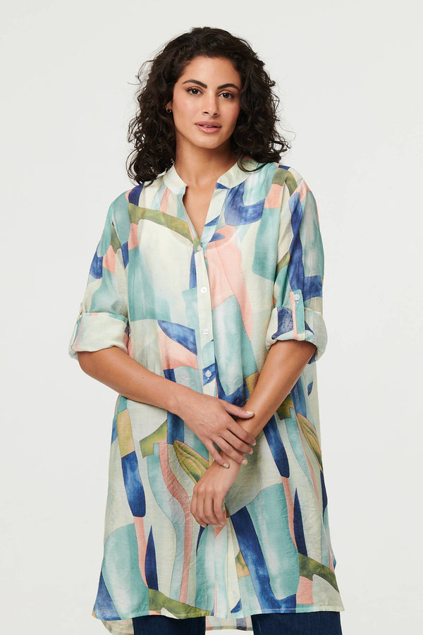 Green | Abstract 3/4 Sleeve Short Shirt Dress

