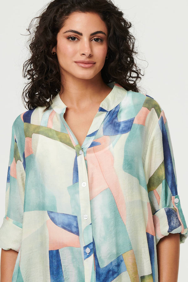 Green | Abstract 3/4 Sleeve Short Shirt Dress
