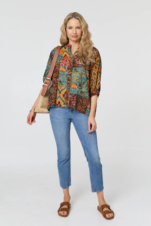 Sage | Patchwork 3/4 Sleeve Curve Hem Blouse