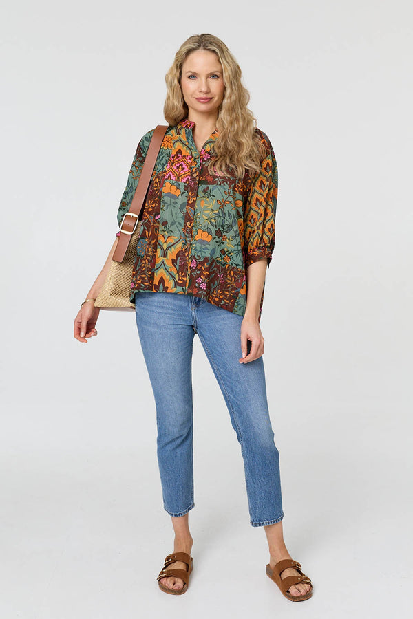 Sage | Patchwork 3/4 Sleeve Curve Hem Blouse