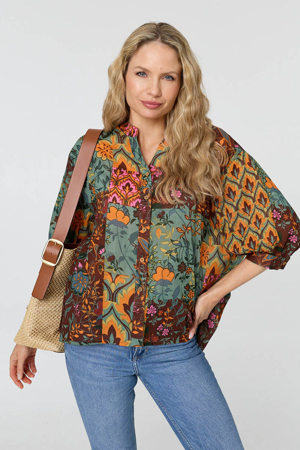 Sage | Patchwork 3/4 Sleeve Curve Hem Blouse