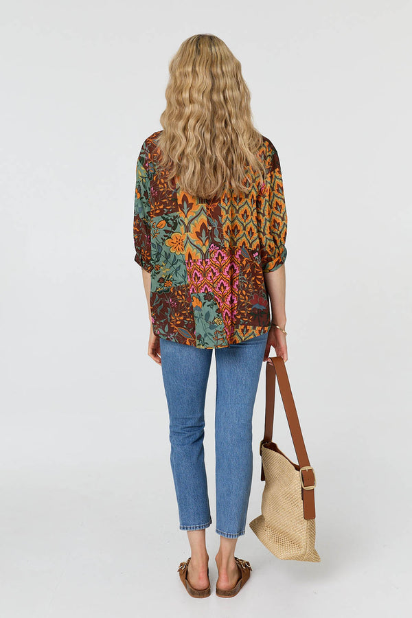Sage | Patchwork 3/4 Sleeve Curve Hem Blouse