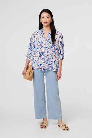 Blue | Abstract Curve Hem 3/4 Sleeve Shirt
