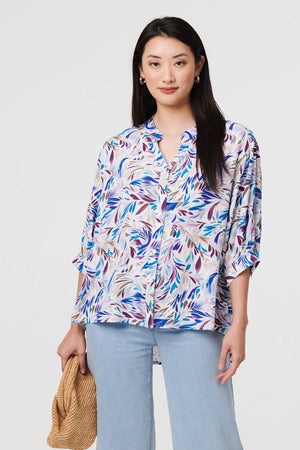 Blue | Abstract Curve Hem 3/4 Sleeve Shirt
