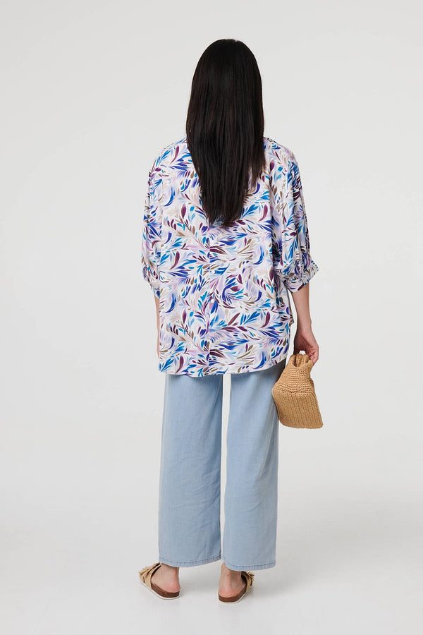 Blue | Abstract Curve Hem 3/4 Sleeve Shirt

