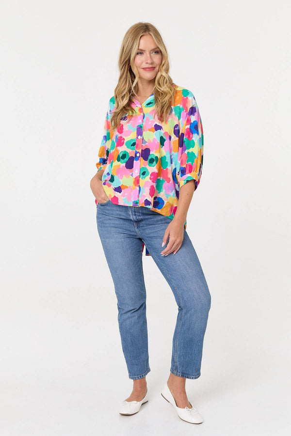 Pink | Abstract 3/4 Sleeve Curve Hem Blouse
