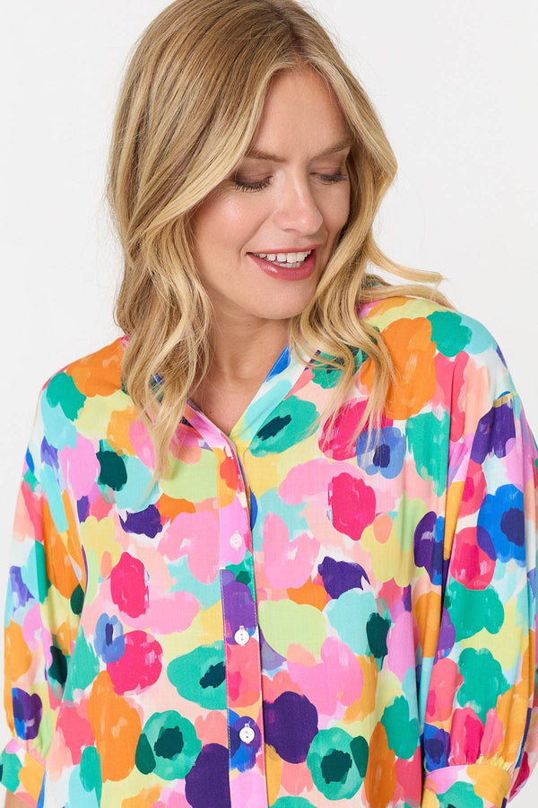 Pink | Abstract 3/4 Sleeve Curve Hem Blouse
