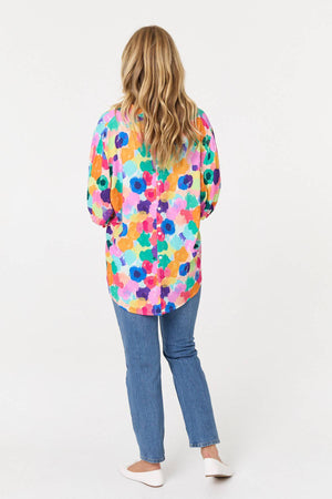 Pink | Abstract 3/4 Sleeve Curve Hem Blouse
