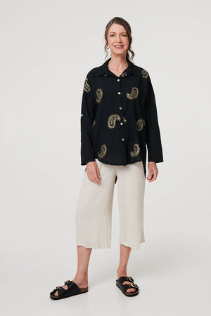 Black | Embroidered 3/4 Turn-Up Sleeve Shirt
