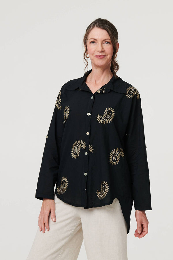 Black | Embroidered 3/4 Turn-Up Sleeve Shirt
