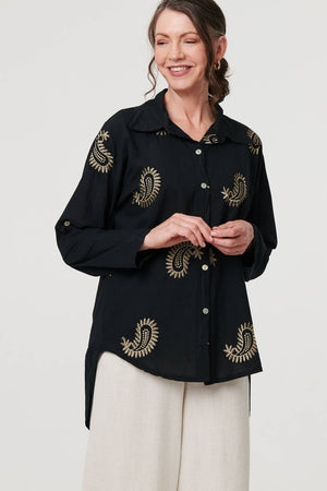Black | Embroidered 3/4 Turn-Up Sleeve Shirt

