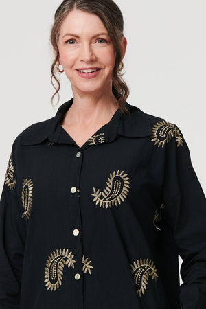 Black | Embroidered 3/4 Turn-Up Sleeve Shirt
