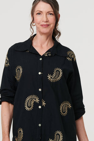 Black | Embroidered 3/4 Turn-Up Sleeve Shirt
