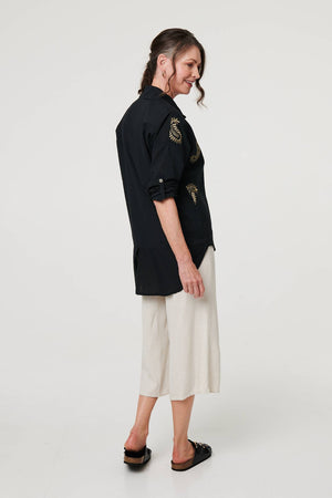 Black | Embroidered 3/4 Turn-Up Sleeve Shirt
