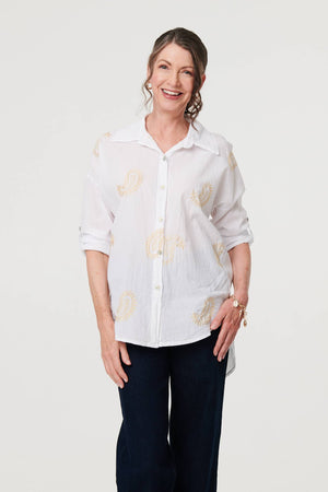 White | Embroidered 3/4 Turn-Up Sleeve Shirt : Model is 5'8
