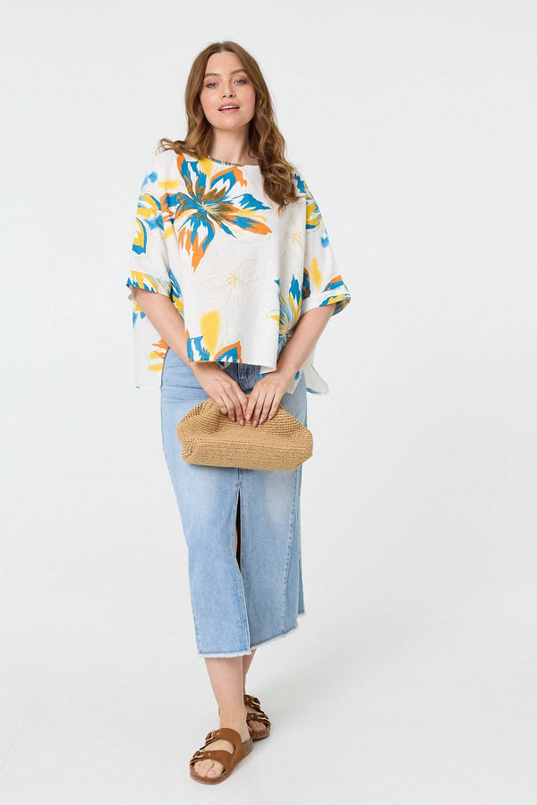 White | Floral 3/4 Sleeve Relaxed Boxy Blouse