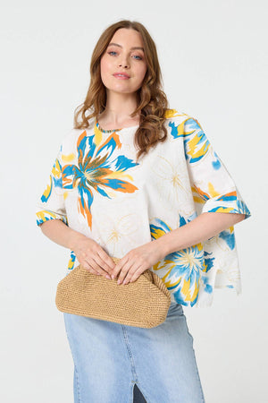 White | Floral 3/4 Sleeve Relaxed Boxy Blouse