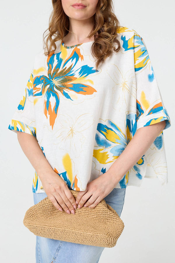 White | Floral 3/4 Sleeve Relaxed Boxy Blouse
