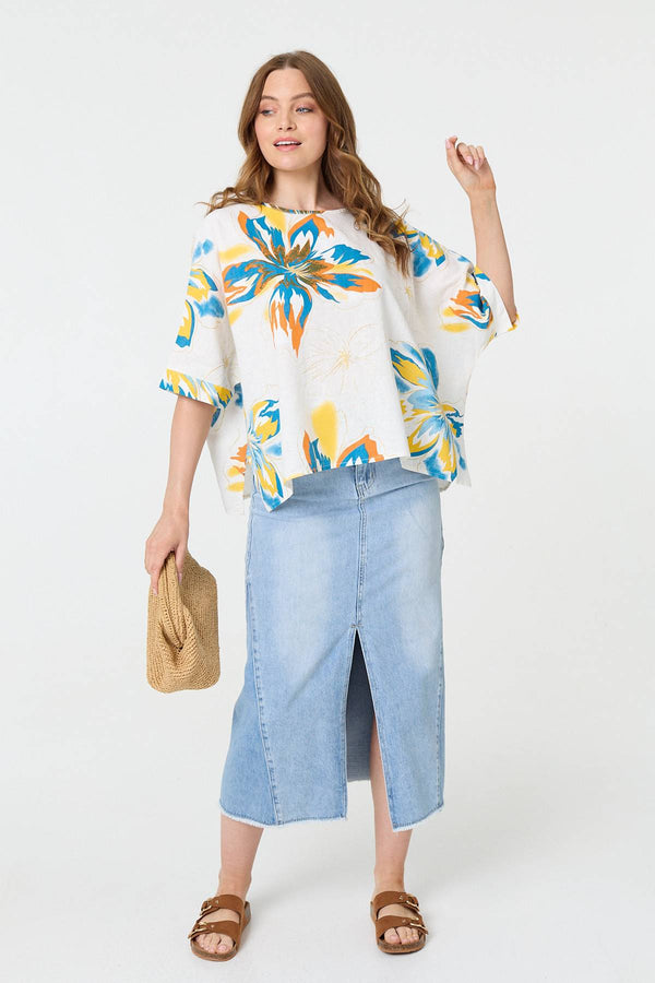 White | Floral 3/4 Sleeve Relaxed Boxy Blouse