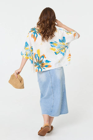 White | Floral 3/4 Sleeve Relaxed Boxy Blouse