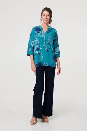 Blue | Floral Sequin Detail 3/4 Sleeve Blouse

