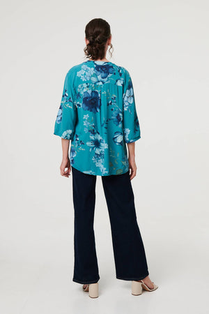 Blue | Floral Sequin Detail 3/4 Sleeve Blouse
