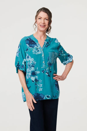 Blue | Floral Sequin Detail 3/4 Sleeve Blouse
