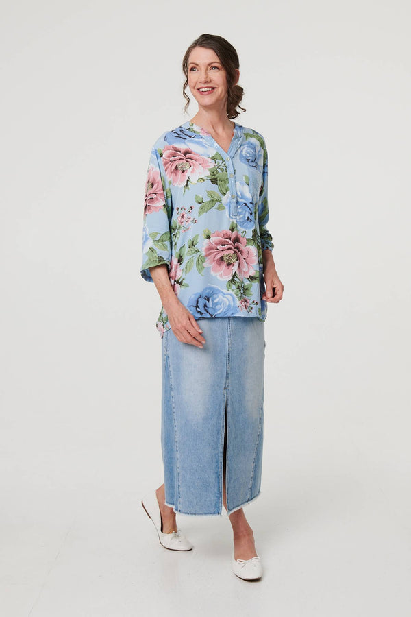 Light Blue | Floral Sequin Embellished Relaxed Blouse

