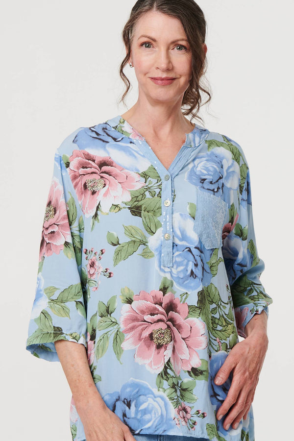 Light Blue | Floral Sequin Embellished Relaxed Blouse
