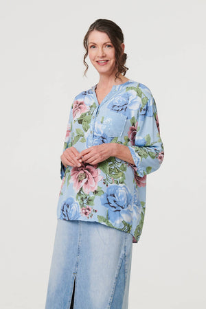 Light Blue | Floral Sequin Embellished Relaxed Blouse
