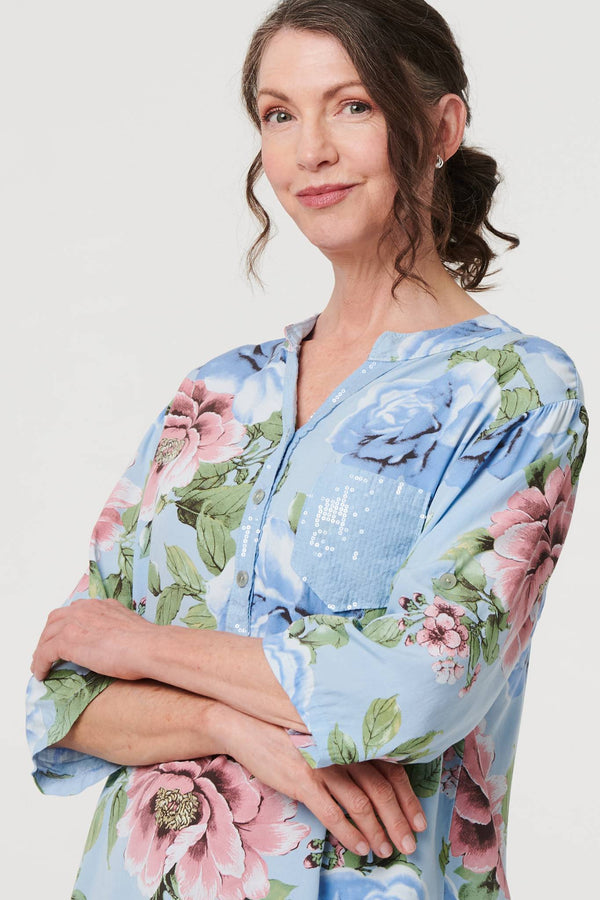 Light Blue | Floral Sequin Embellished Relaxed Blouse
