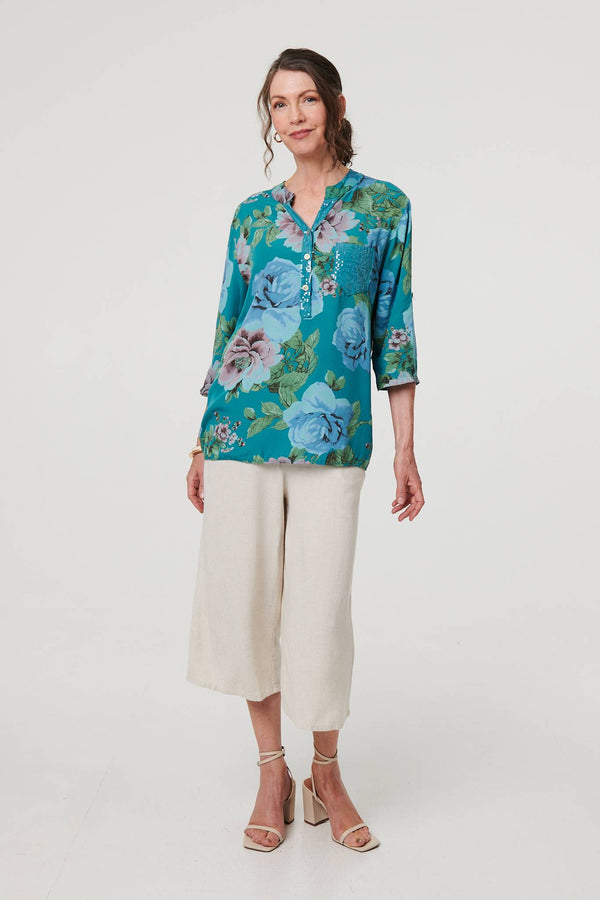 Teal | Floral Sequin Embellished Relaxed Blouse

