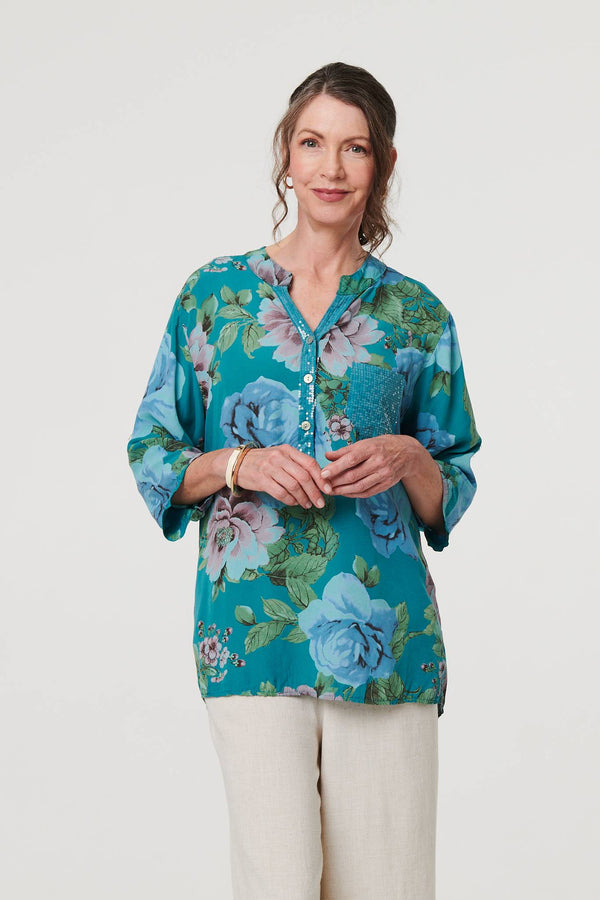 Teal | Floral Sequin Embellished Relaxed Blouse
