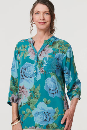 Teal | Floral Sequin Embellished Relaxed Blouse
