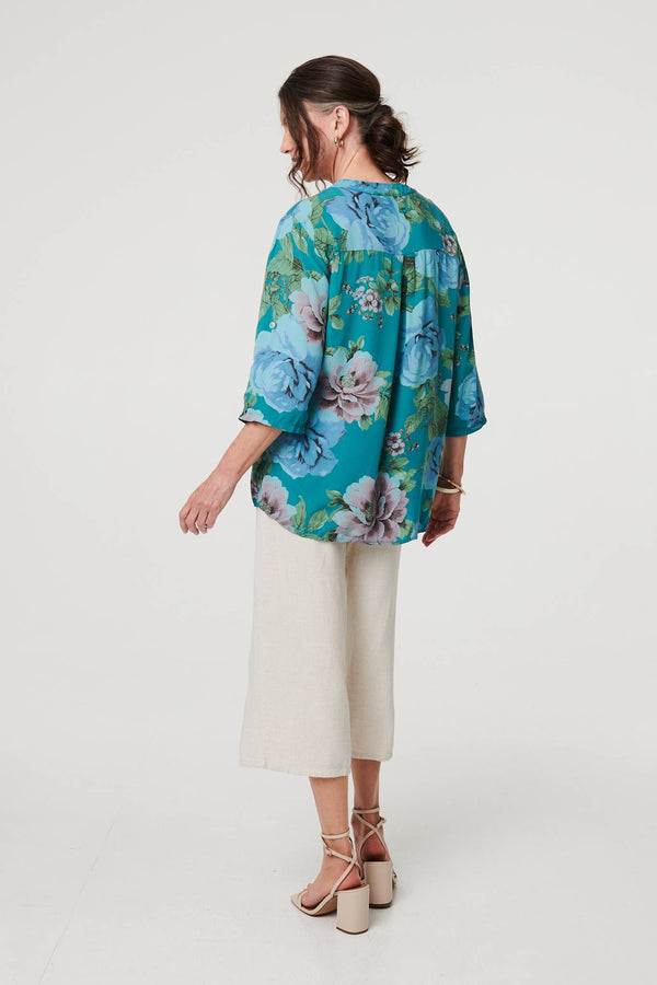 Teal | Floral Sequin Embellished Relaxed Blouse

