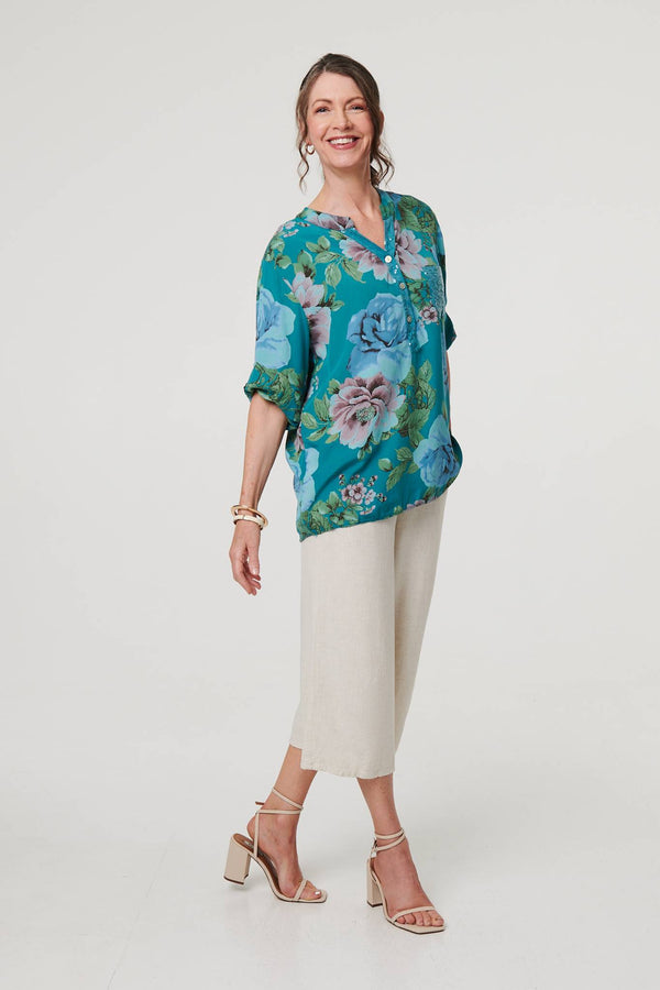 Teal | Floral Sequin Embellished Relaxed Blouse
