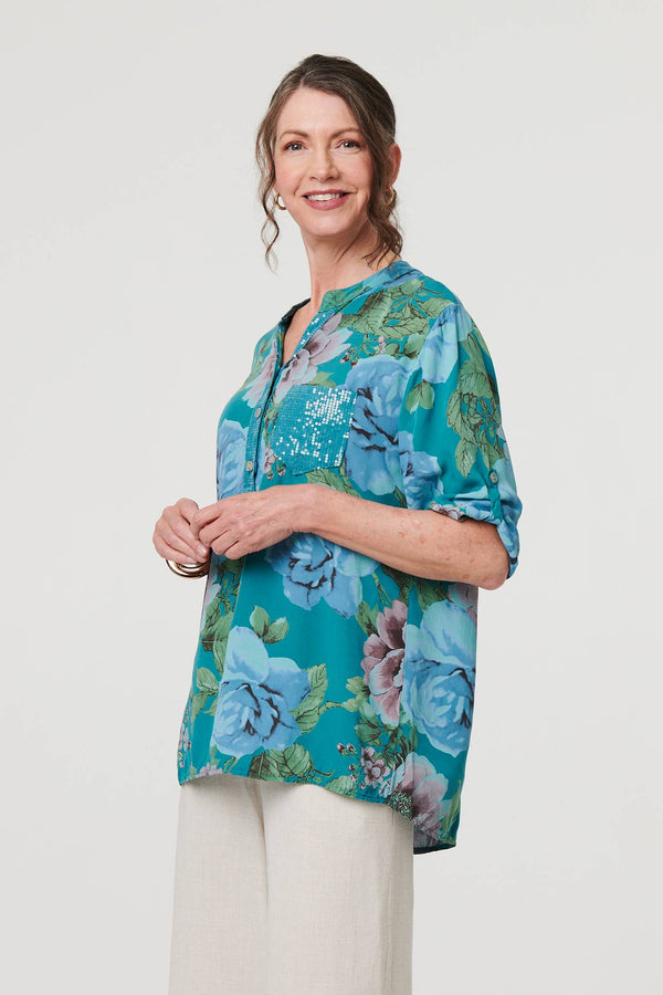 Teal | Floral Sequin Embellished Relaxed Blouse
