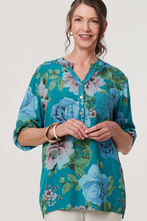 Teal | Floral Sequin Embellished Relaxed Blouse
