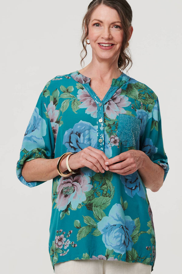 Teal | Floral Sequin Embellished Relaxed Blouse
